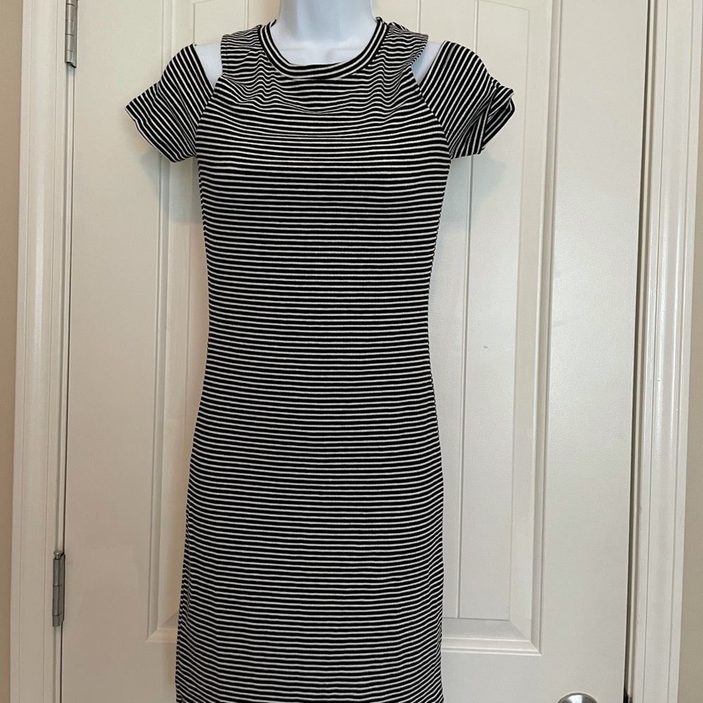 Cotton on women’s black & white striped bodycon midi dress, off-shoulder